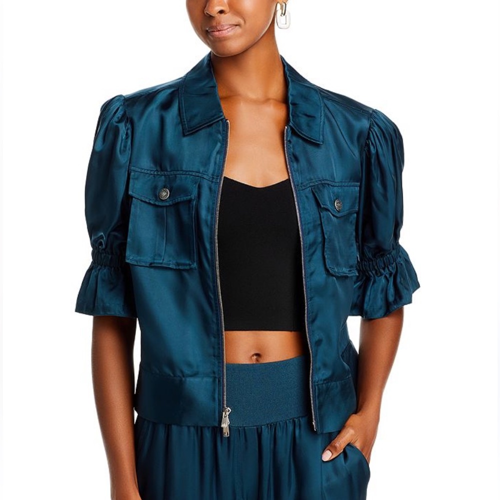 NWT Cinq a Sept Holly Jacket, Short Sleeve Zip Up Peacock Blue